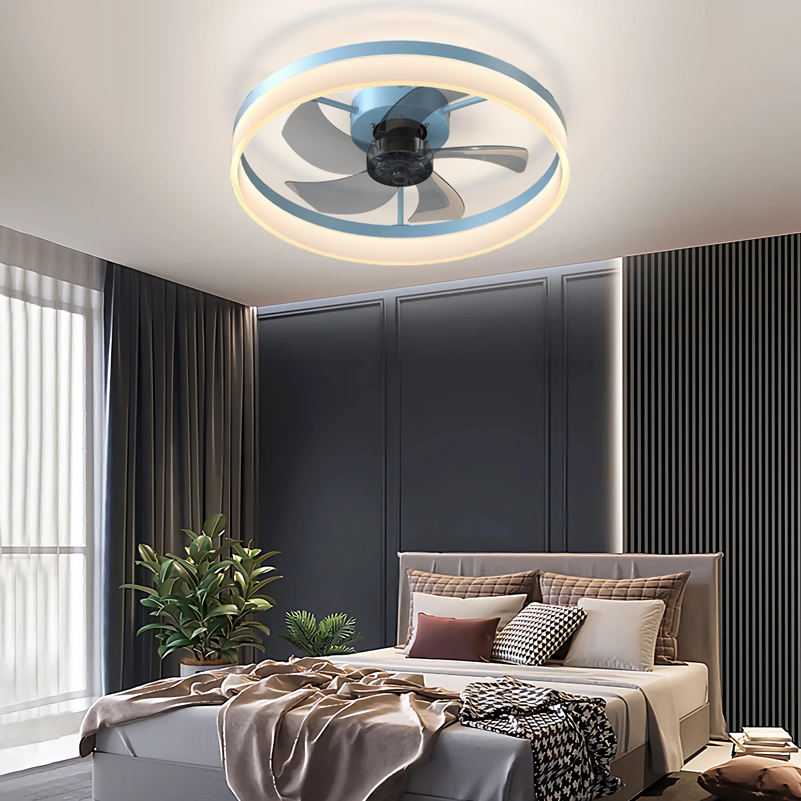 

Blue Modern Ceiling Fan with LED Light, Low-Profile Flush Mount,6-Speed Adjustable, Ideal for Bedroom and Living Room