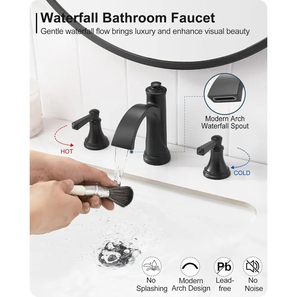 صنبور شلال نحاسي أسود غير لامع بثلاث فتحات، تركيبات حوض واسعة النطاق مقاس 4-16 بوصة مع خراطيم وصرف منبثق #2