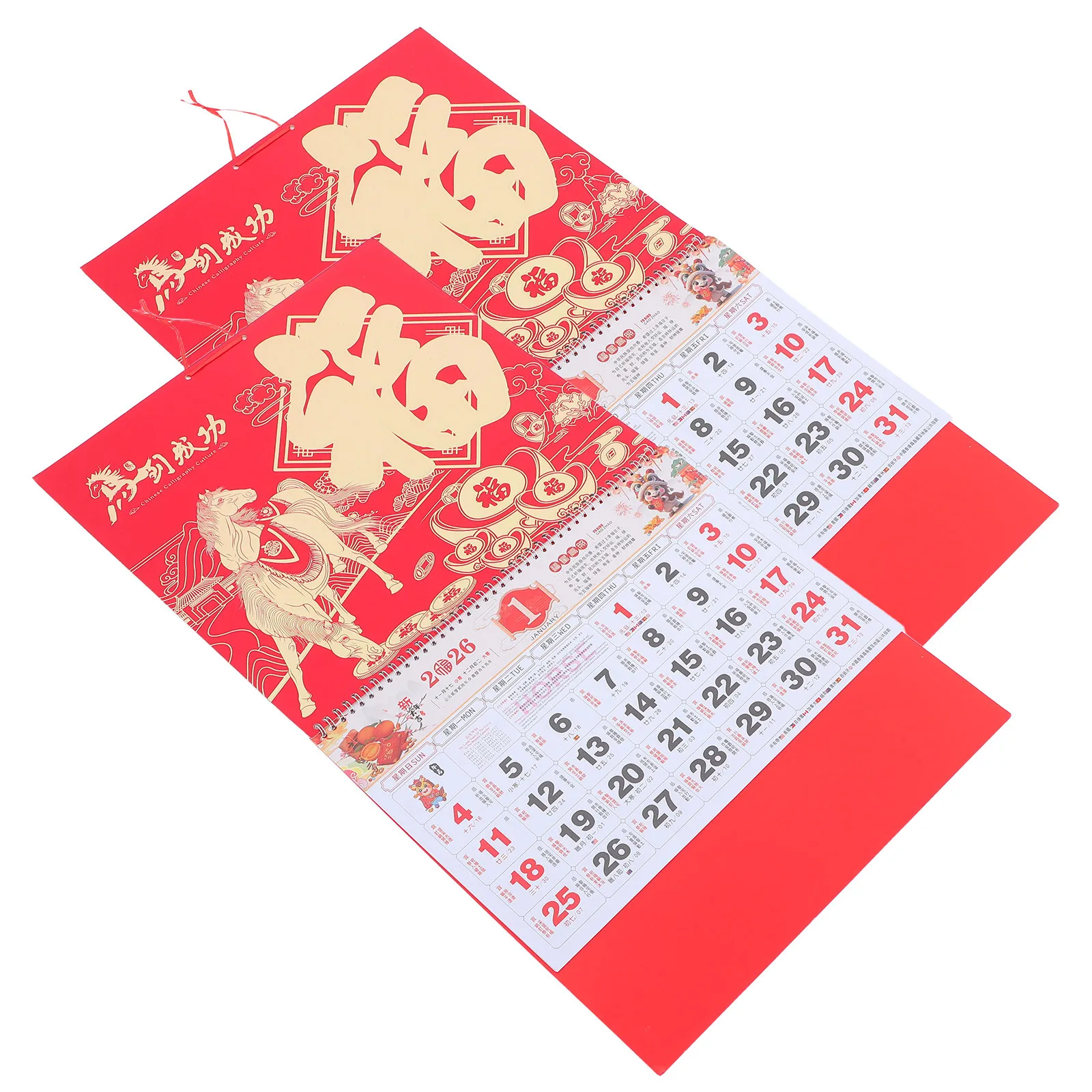 

2pcs 2026 Wall Calendar Year Of The Horse Chinese Zodiac Monthly Lunar Hanging Planner Red Tearable Festivals Home Office Decor