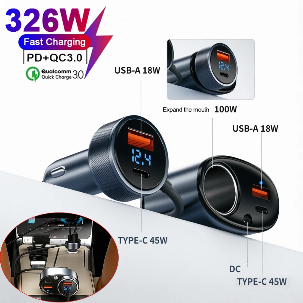 326W 6-Port For Starlink Mini Car Charger Fast Charging QC3.0 USB-C Cigarette Lighter Splitter With LED Display 12-24V For Cars