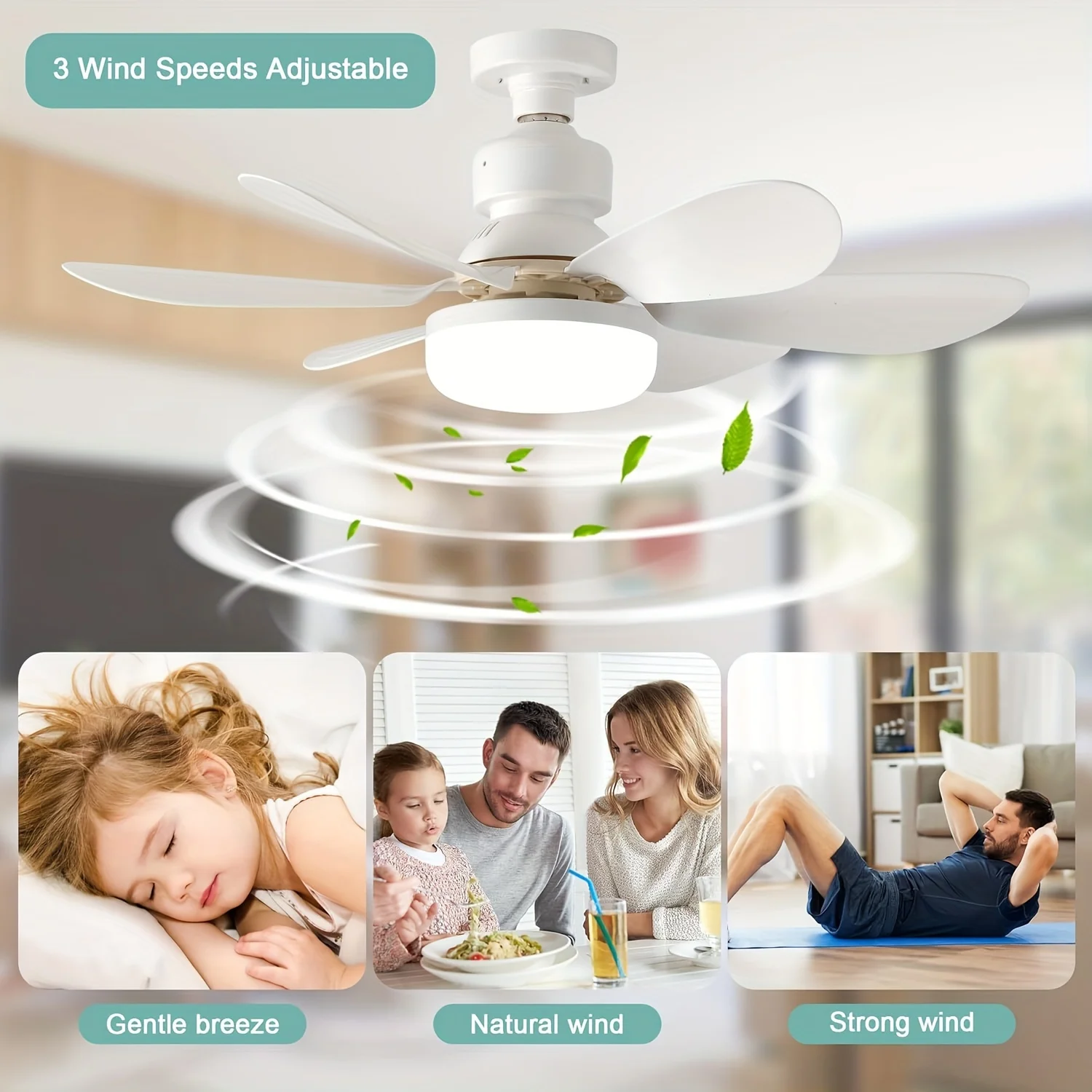 40W Socket Fan Light with Remote, 20.5in Ceiling Fan with LED, E27 Cordless Light Screw Fan for Kitchen, Bedroom, Small Rooms