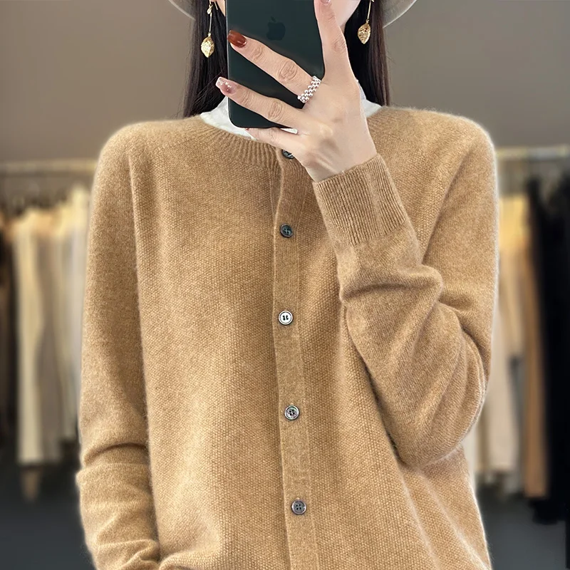 100% lã pura cardigan primavera e outono novo suéter de caxemira feminino o-pescoço cardigan quente malha camisa de fundo