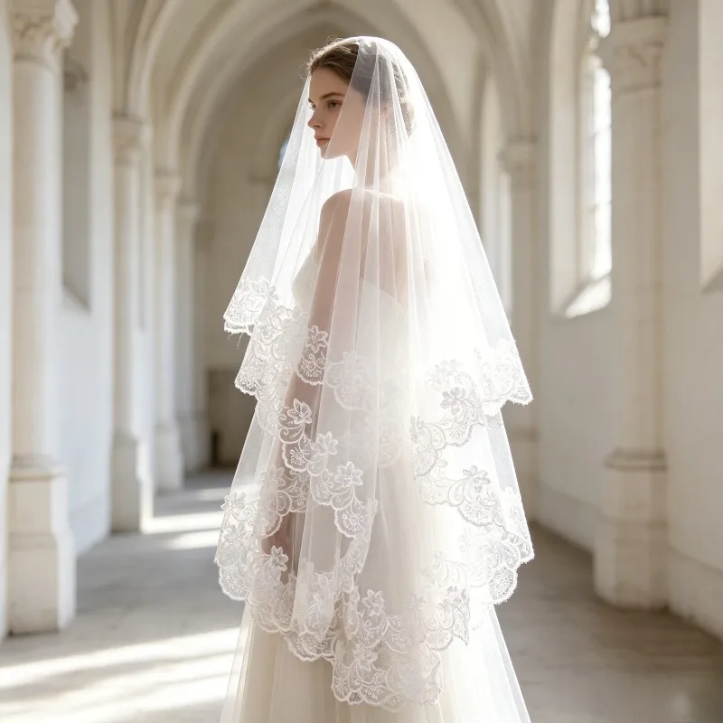 Bridal Veil 1.5 Meters Long Single Layer Lace Embroidered Wedding Ceremony Cathedral Veil in White Red Champagne
