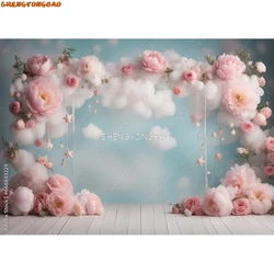 Pioen Baby Digitale Fotografie Achtergrond Cake Smash Pastel Roze Achtergrond Ballonnen Bloemen Baby Shoots Verjaardagsfeestje Prop