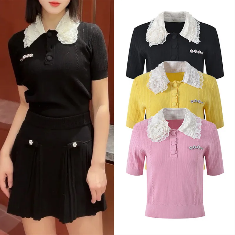

Elite Euro Faion Sweet Youthful Зубчатый воротник ort Sve Вязаный топ Женский Sli Underneath Classic Bla Лето