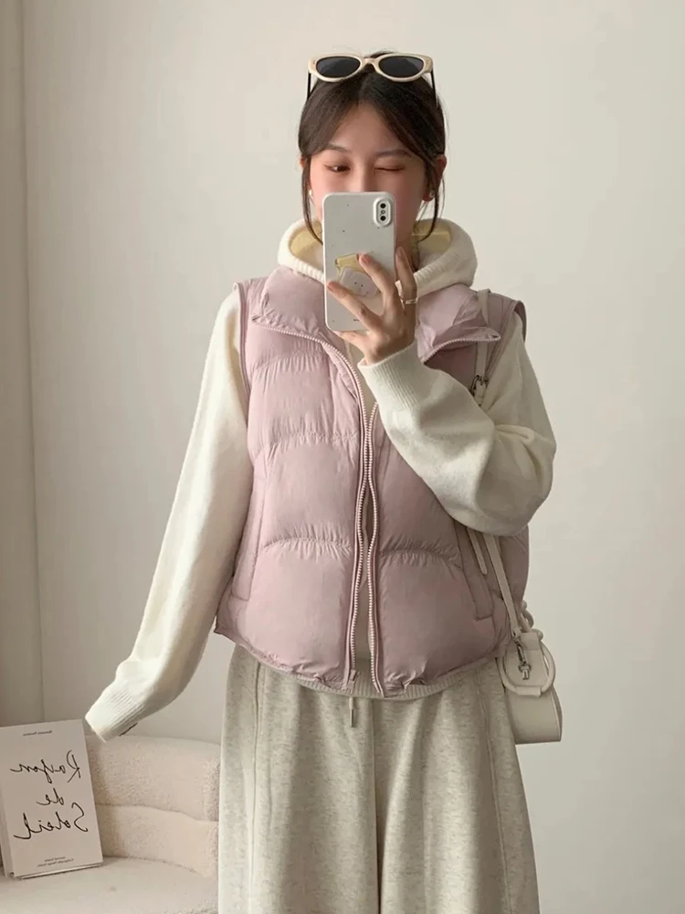 Autumn Winter Short Puff Fluffy Down Vest Female Stand Collar Sleeveless Zipper Waistcoat Women White Duck Down Warm Thick Vest