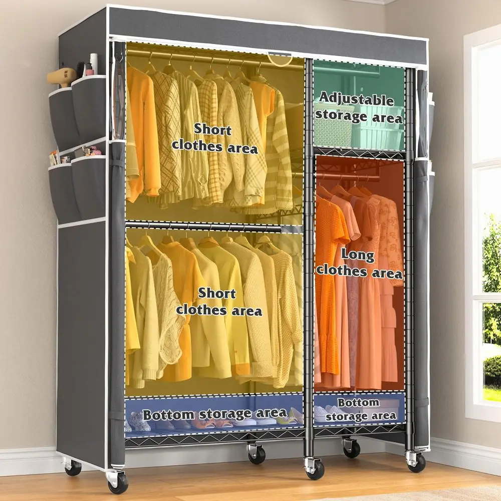 

Clothes Rack with Cover Clothing Racks for Hanging Clothes Heavy Duty Portable Closet with WheelsRolling Garment Rack for Bedro