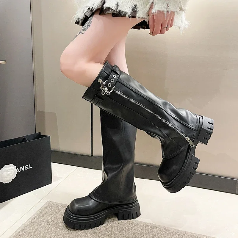 Winter Women Biker Boots Fashion Belt Buckle Ladies Elegant Platform Long Pipe Booties Casual Women's Knee High Booties