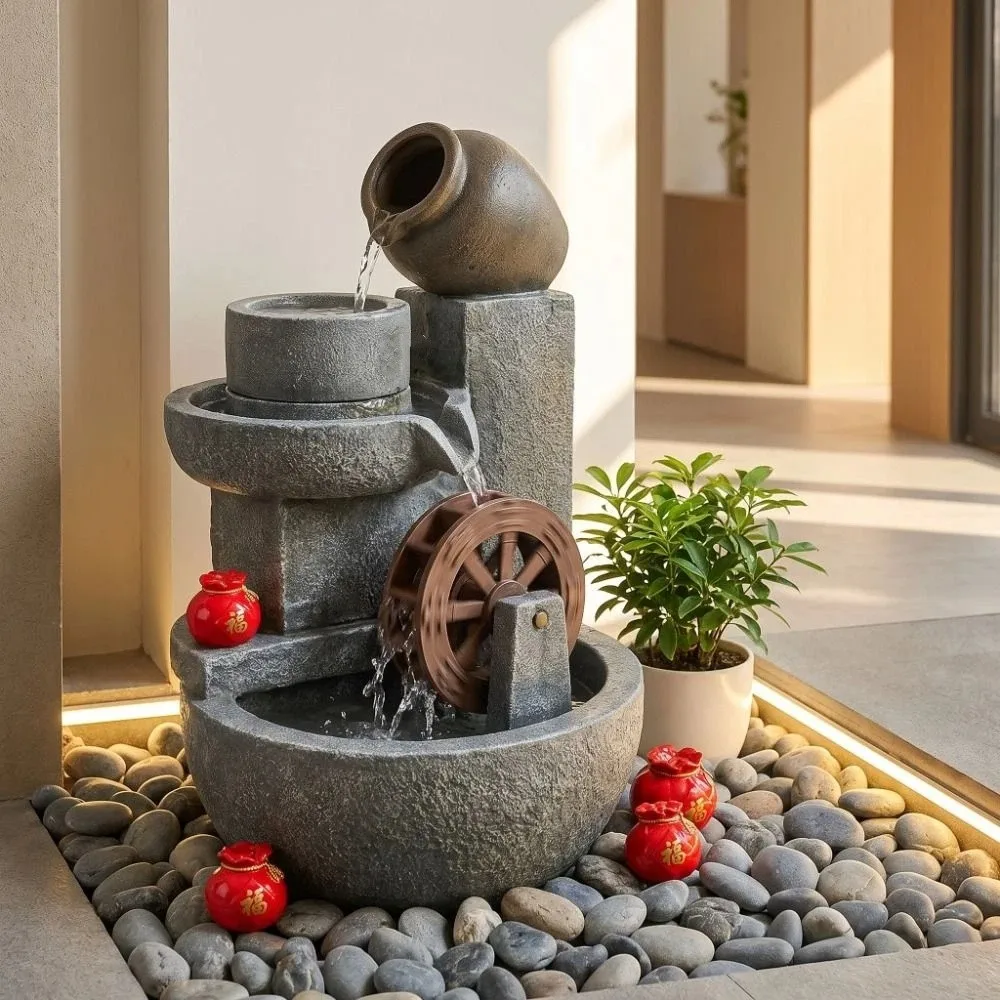 Layered Water Flow Simulation Stone Mill Fountain Resin Circulating Waterfall Waterfall Fountain Decor with 60cm Pipe