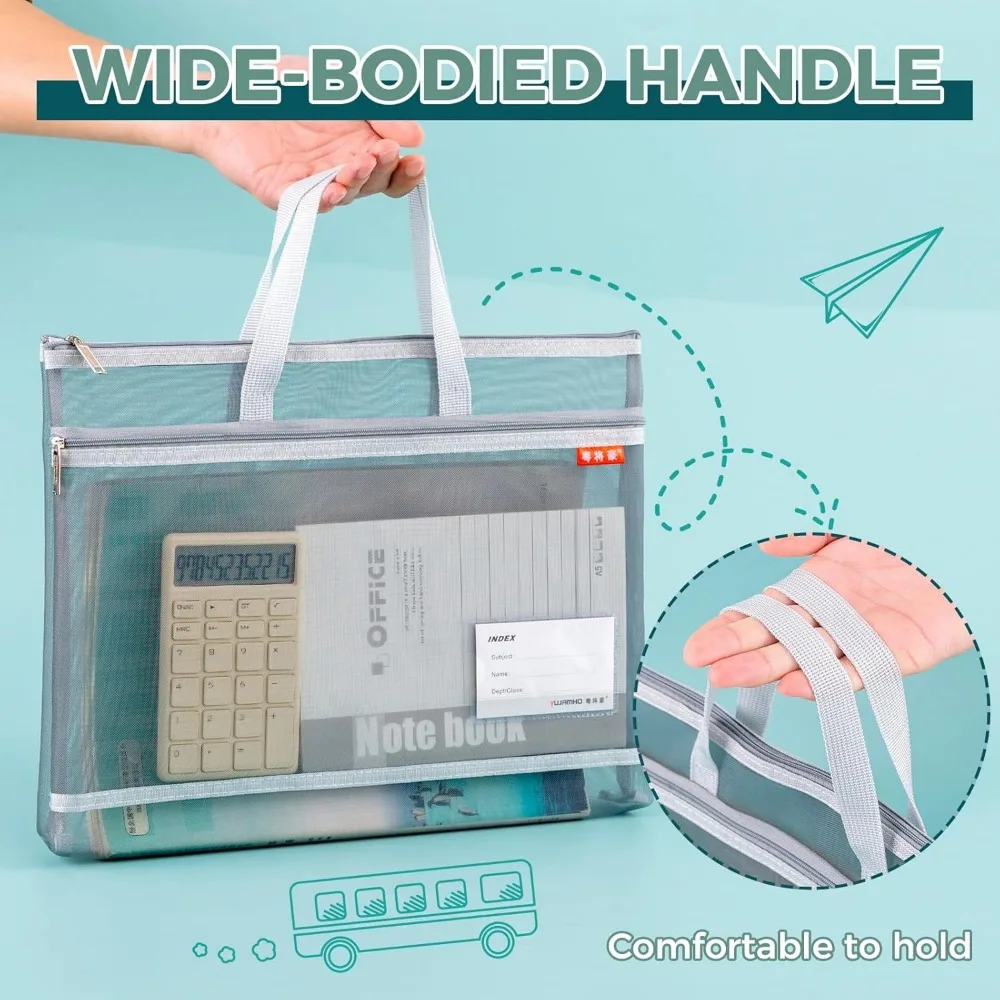 Pendancy Mesh Zipper Pouch A4 Size, Large Double Pocket Lightweight Nylon Transparent File Bag with Handle, 11x13.8 in Foldable