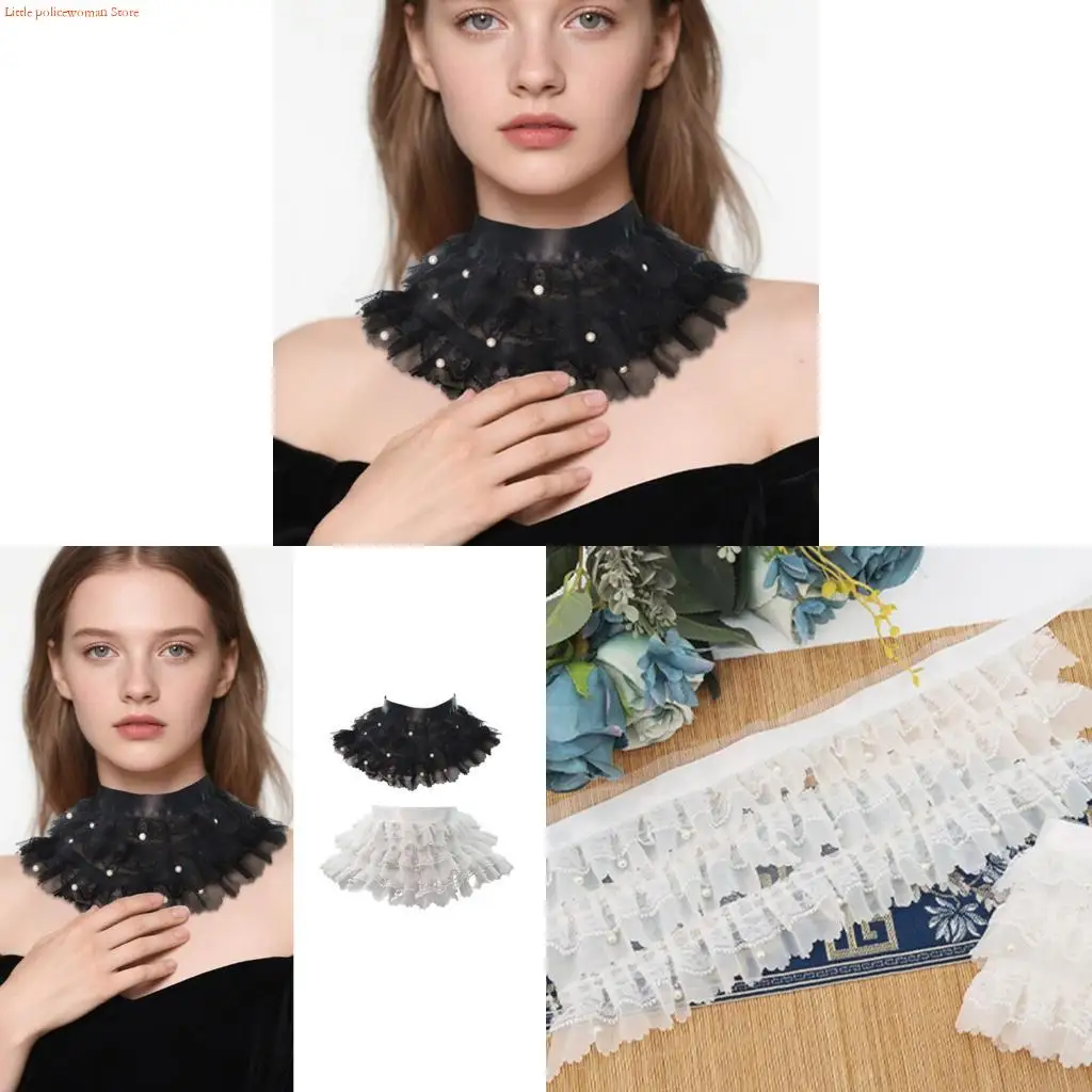 

F92D Three pearls Beaded Lace Detachable Collar With Adjustable Closure For Women Formal And Daily Wear