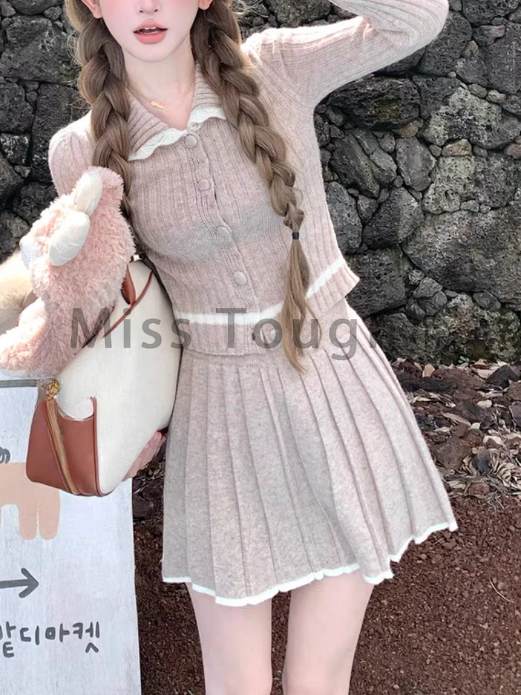 Winter Elegant Retro Knit 2 Piece Set Women Solid Chic Tops + Slim Pleated Skirt Korean Fashion Light Brown Vintage Casual Suits