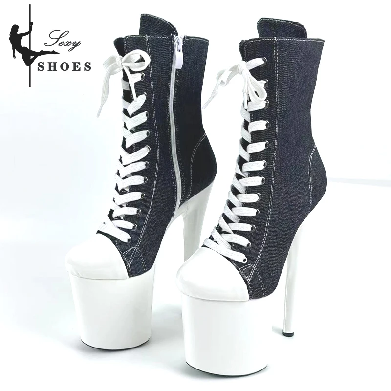 15 17 20cm Super High Nightclub Platform Heels Strappy Canvas Women's  Ankle Boots Sexy Round Toe Pole Dance Shoes Ladies Boots