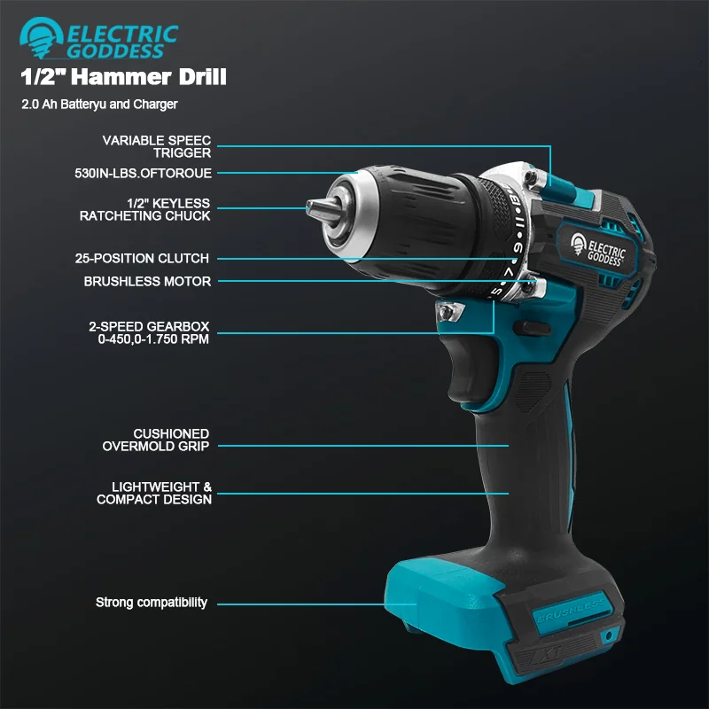 Electric Goddess DDF487 Screwdriver Cordless Impact Drill Electric Variable Speed Brushless Power Drill For Makita 18V Battery