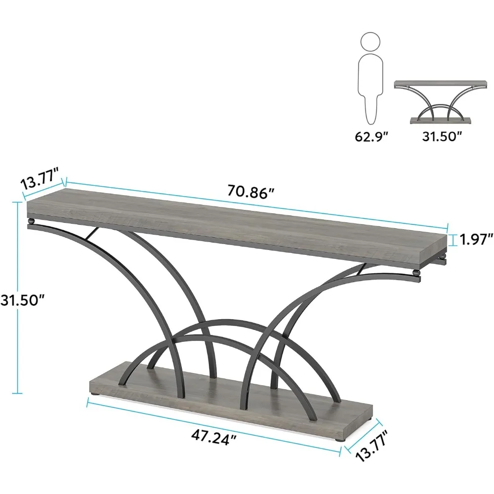 70.9 Inch Extra Long Console Table for Entryway, Gray Sofa Table with Wood Tabletop, Modern Accent Tables with Half-Moon Shape