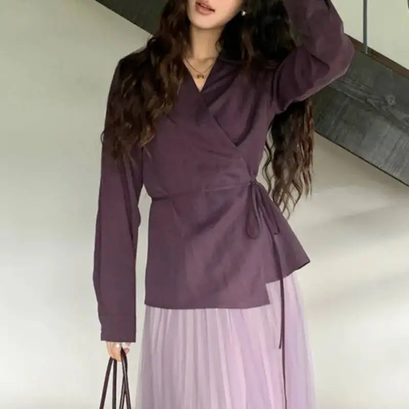 

LIMO Устойчивая минималистичная блузка с v-образным вырезом, офисная рубашка с длинными рукавами и завязками по бокам, экологически чистая хлопково-льняная рабочая одежда