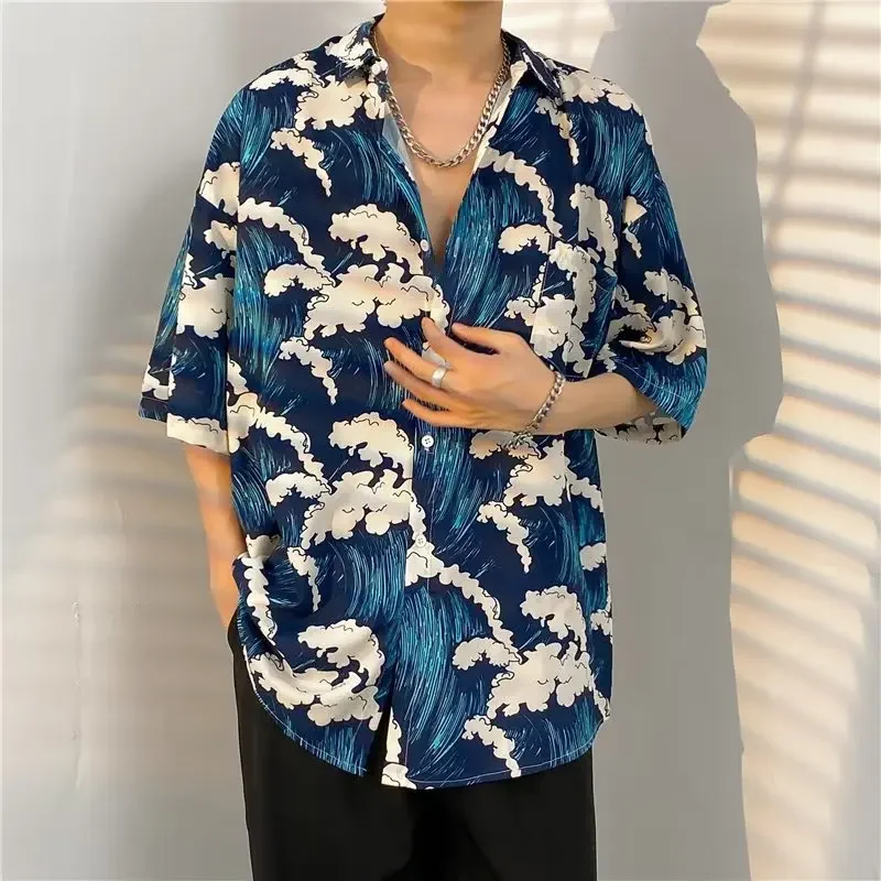 Summer Men's Vintage Short Sleeve Floral Shirt Oversized Loose Fitting Handsome Seaside Vacation Beach Printed Shirt