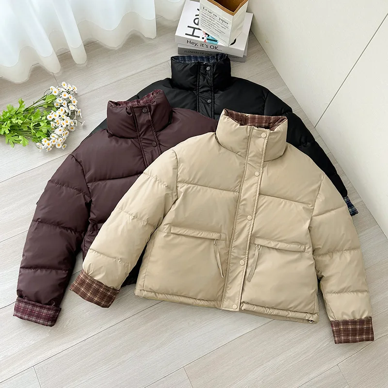 

Grid Contrasting Color Cotton Jacket Autumn Winter 2025 New Women's college style Short Coat Stand Up Collar Long Sleeved Top