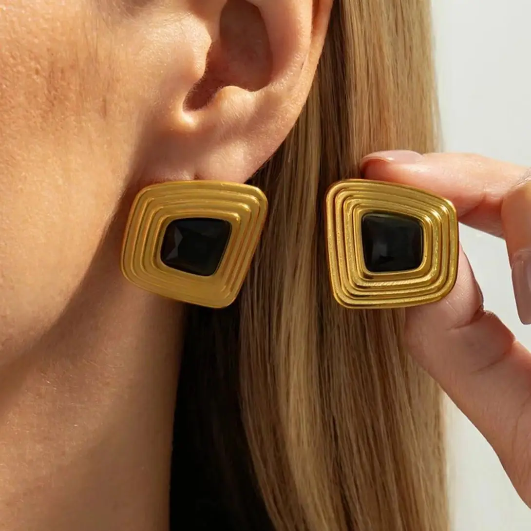 PuRui Punk Vintage Geometric Irregular Square Stud Earrings Black Acrylic Rhinestone Piercing Piercing Femme Charm Jewelry Gifts