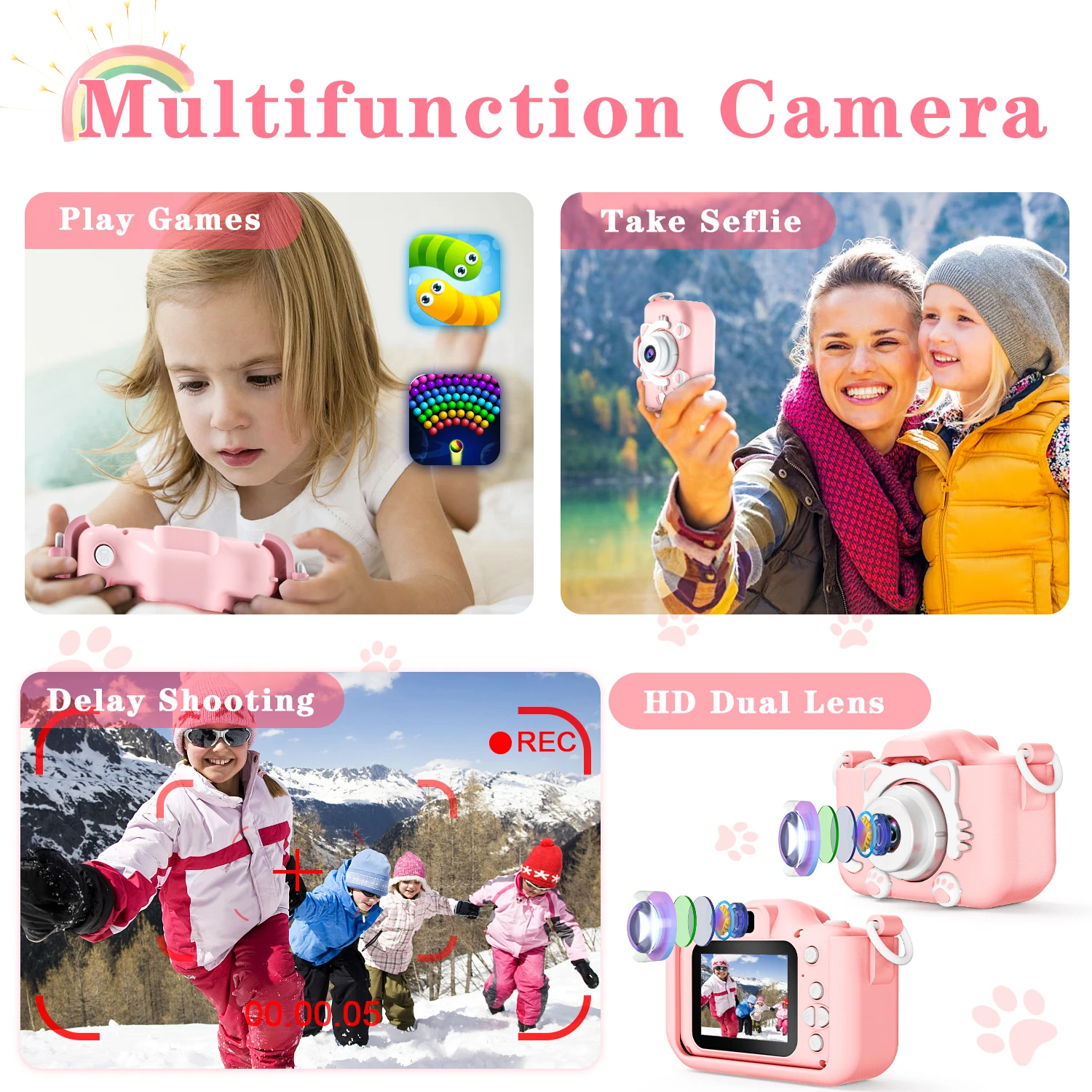 Kdis Camera Toys 1080P HD 2inch Screen Cat Mini Digital Camera for Girls Boys Children Chirtmas Birthday Gift Toys