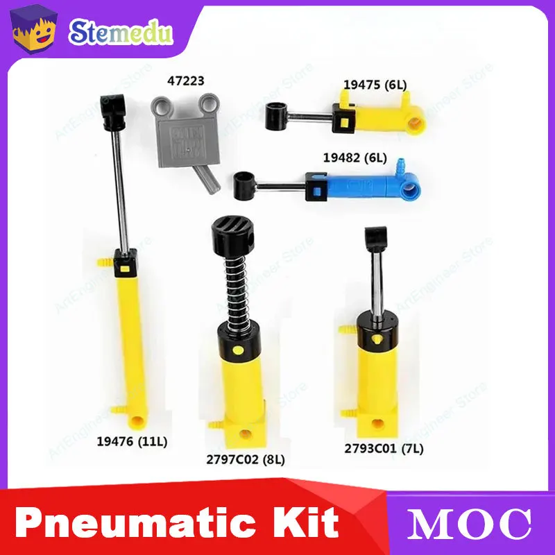 

6PCS Building Blocks Compatible Pneumatic Air Pump Tank Piston Hose Push Rod Switch For MOC Technical Models 19476 19475 19482