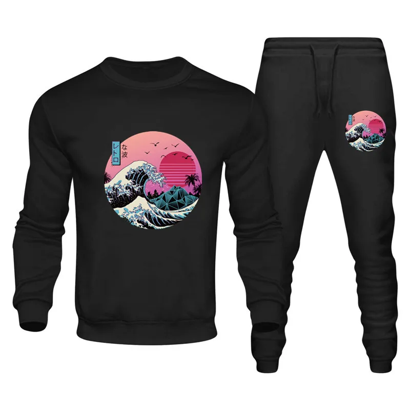 Men's Japanese Anime Print Streetwear Hoodies Sweatshirt+Sweatpants Suit Autumn Winter Warm Tracksuit Sets Men's Hooded Outwear