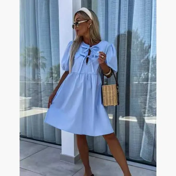 

2025 Summer New Women Dress O-Neck Short Sleeve Line Shirt Dresses High Waist Sweet Hollow Out Loose Chic Lady Sexy Dresses