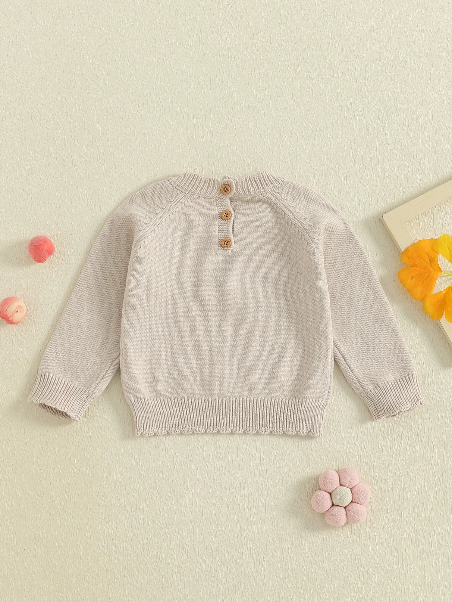 Herbstpullover für Kleinkinder mit Blumenstickerei und geripptem Besatz, langärmliger Strickpullover mit Rundhalsausschnitt für Kleinkinder