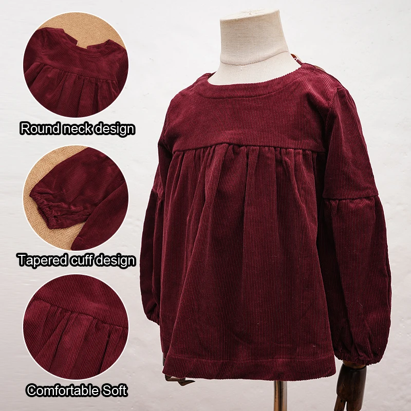 Autumn Winter Girls' Top New Long Sleeved Christmas Red Corduroy Bubble Sleeve Shirts Chic Children's Clothing 아동복 가을 - Image 2