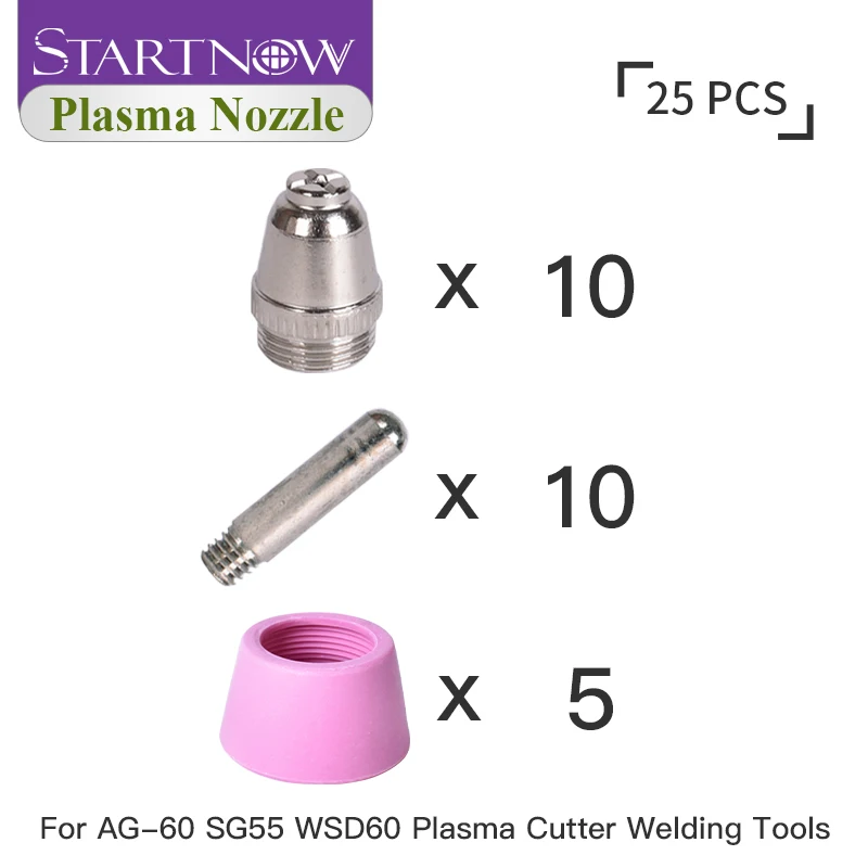 Startnow Plasma AG60 25PCS Nozzle Caliber 1.3 Electrode Shield Cups Kits  SG55 WSD60 For Plasma CNC Cutters Consumables