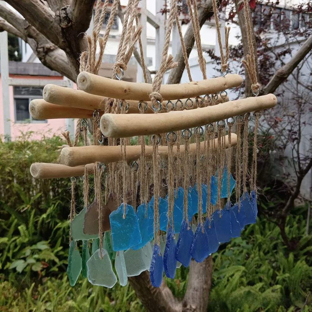 Handmade Blue Sea Glass Wind Chime With Driftwood Beach Style Wall Hanging Art Decor For Indoor And Outdoor Use view 4