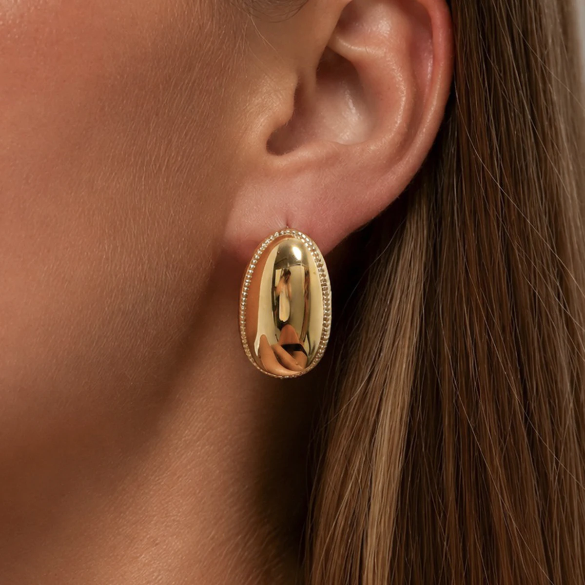 SHIXIN 2026 Stainless Steel Glossy Oval Stud Earrings Women Exaggerated 18K Gold Plated Geometric Earring Fashion Jewelry Gifts