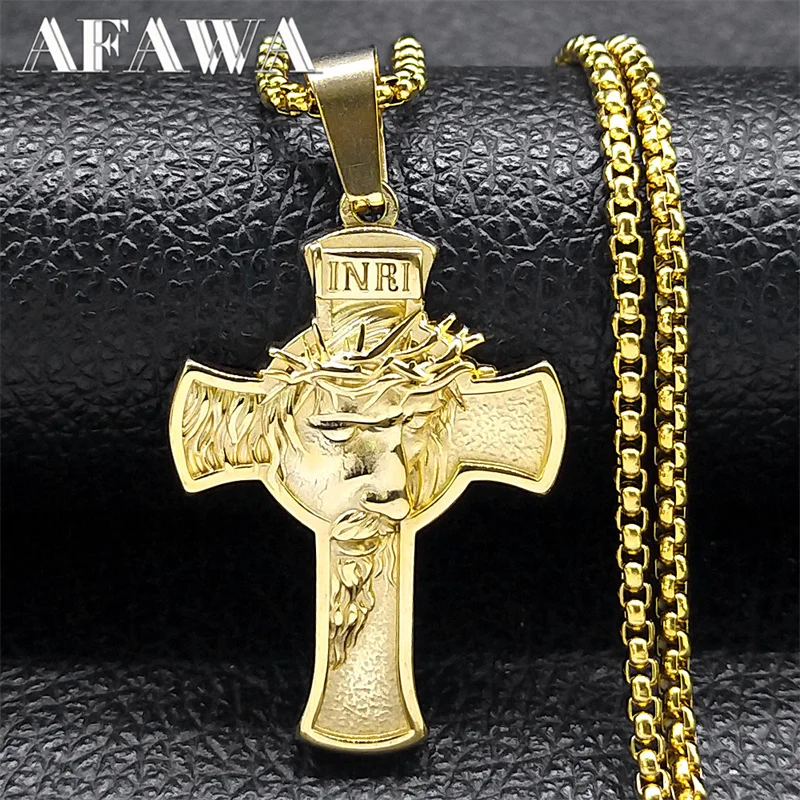 

Vintage INRI Crucifix Jesus Cross Necklace for Men Women Stainless Steel Gold Color Christian Chain Gift Jewelry colar NZZ469S02
