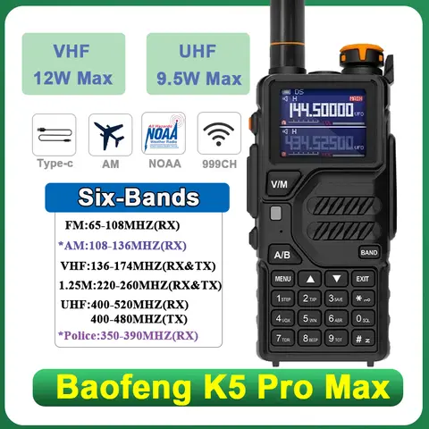 Baofeng K5 Pro Max Walkie Talkie 12W UHF VHF High Capacity Six-Band AM 108-136MHz NOAA Long Range Noise Reduction BF-UVK5M Radio