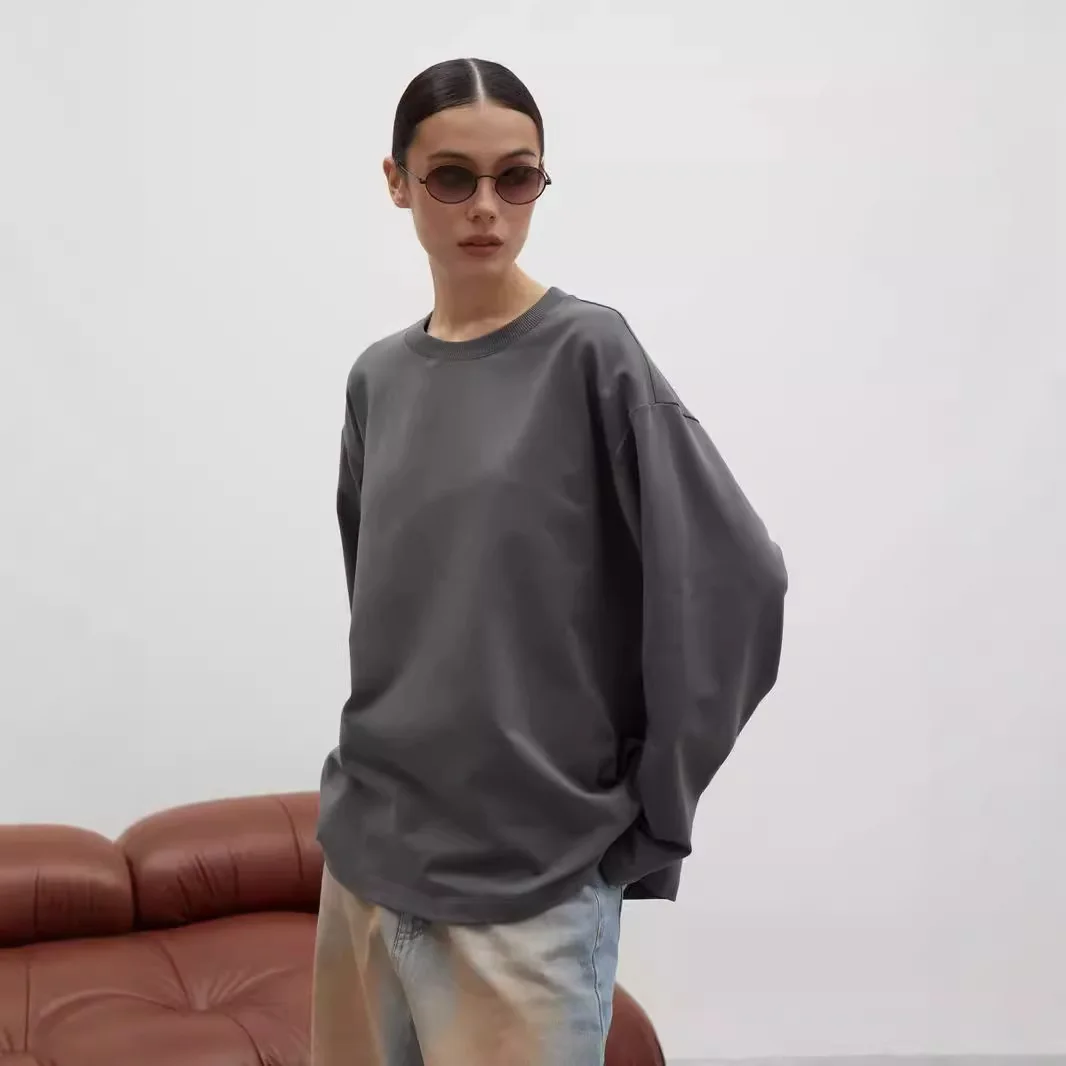 

Long-sleeved Basic Women's Cotton T-shirt Spring Round Neck Top T-shirt White Loose Women's Oversized T-shirt Solid Color Top