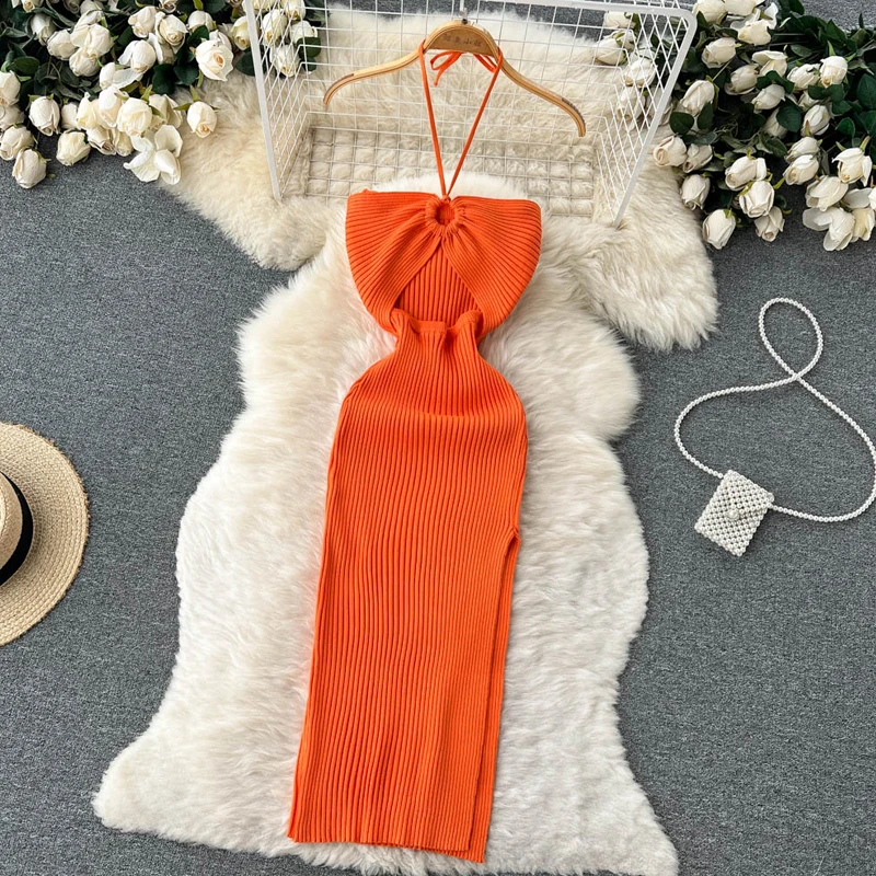 YuooMuoo Chic Fashion Abito avvolgente sexy Donna a costine lavorato a maglia Slim Elastico Halter Abito aderente Stile vacanza Abiti da spiaggia estivi