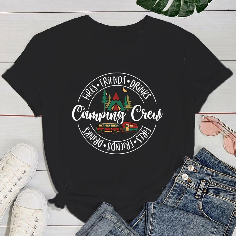 (Premium T-shirt)Fires Friends Drinks Camping Crew Letter Print T Shirts With Funny Saying Girls And Women'S Fashion Graphic Tee