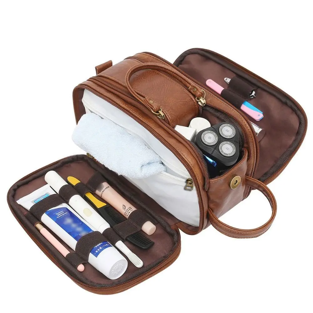 

Lightweight Waterproof Toiletry Bag PU Leather Portable Shaving Pouch Handle Double Side Travel Wash Case Bathroom