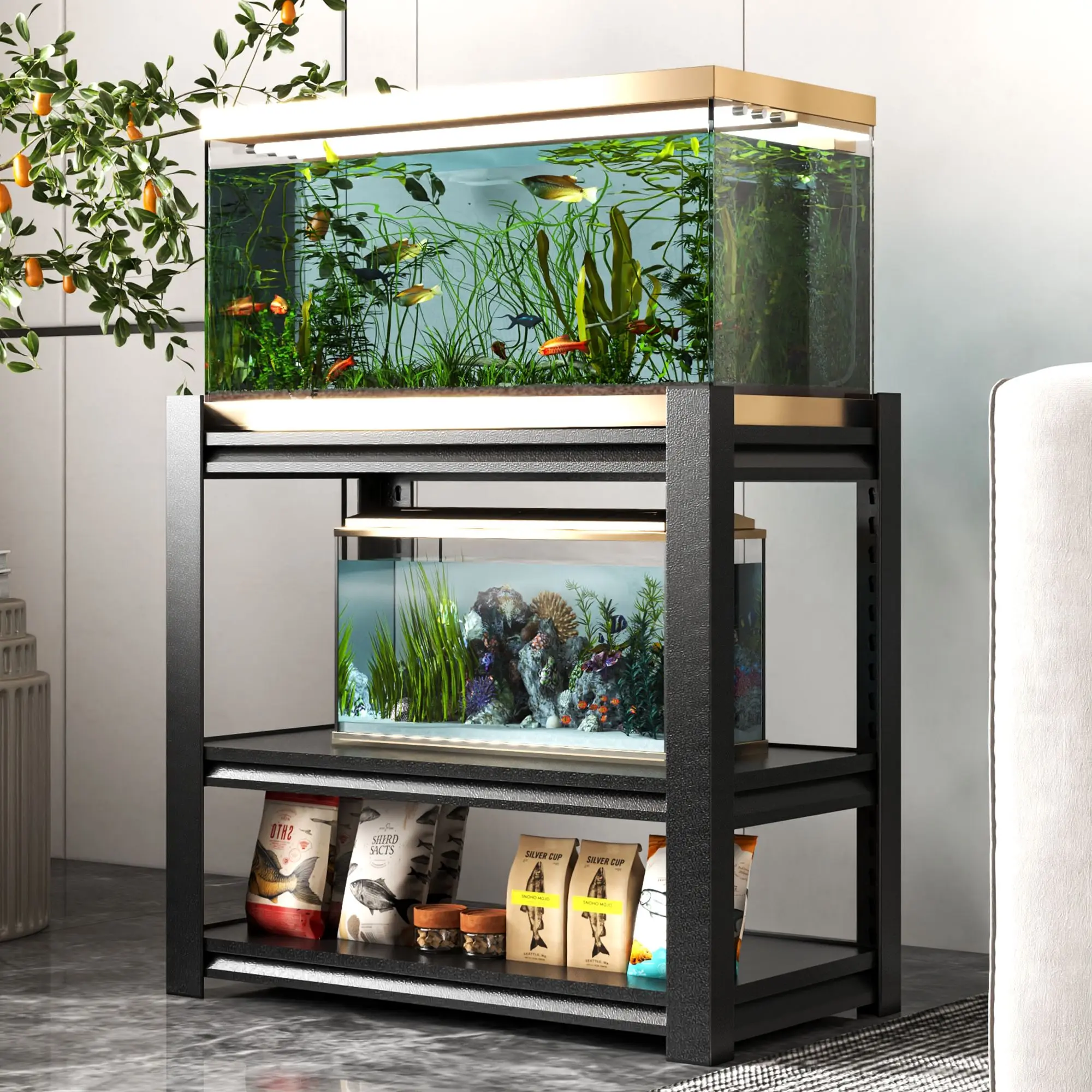 Metal Aquarium Stand, Heavy Duty Fish Tank Stand, Adjustable 3-Tier Fish Tank Stand for Home Office, Fish Tank Not Included