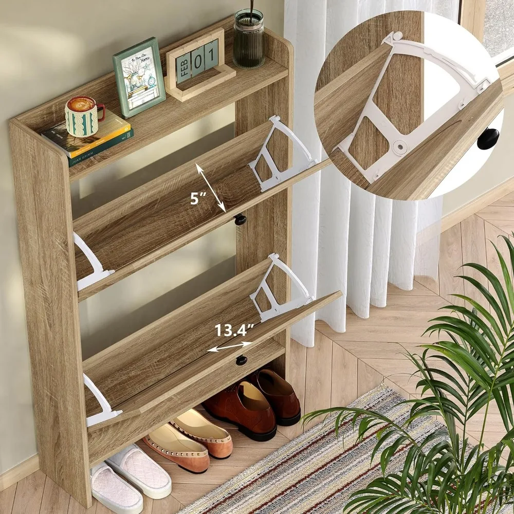 Shoe Rack Storage Cabinet with 2 Natural Semi-Circular Rattan Doors, Entryway Boho Shoe Cabinet for Sneakers,