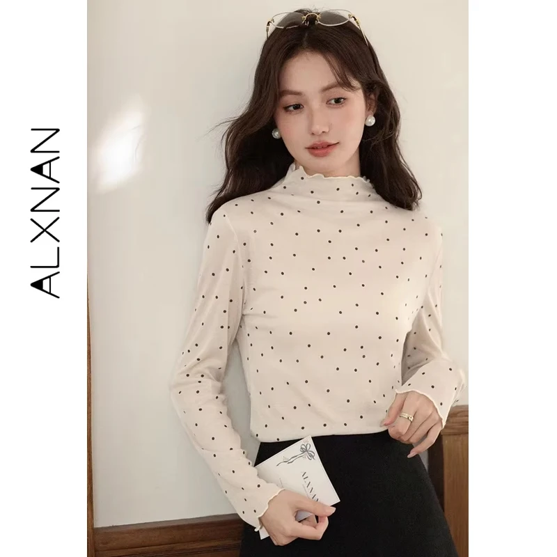 ALXNAN Plus Size Women's Pullover Polka Dot Color-blocking Turtleneck Slim Long-sleeve T-Shirt Ruffle-trim Versatile Top DF58333