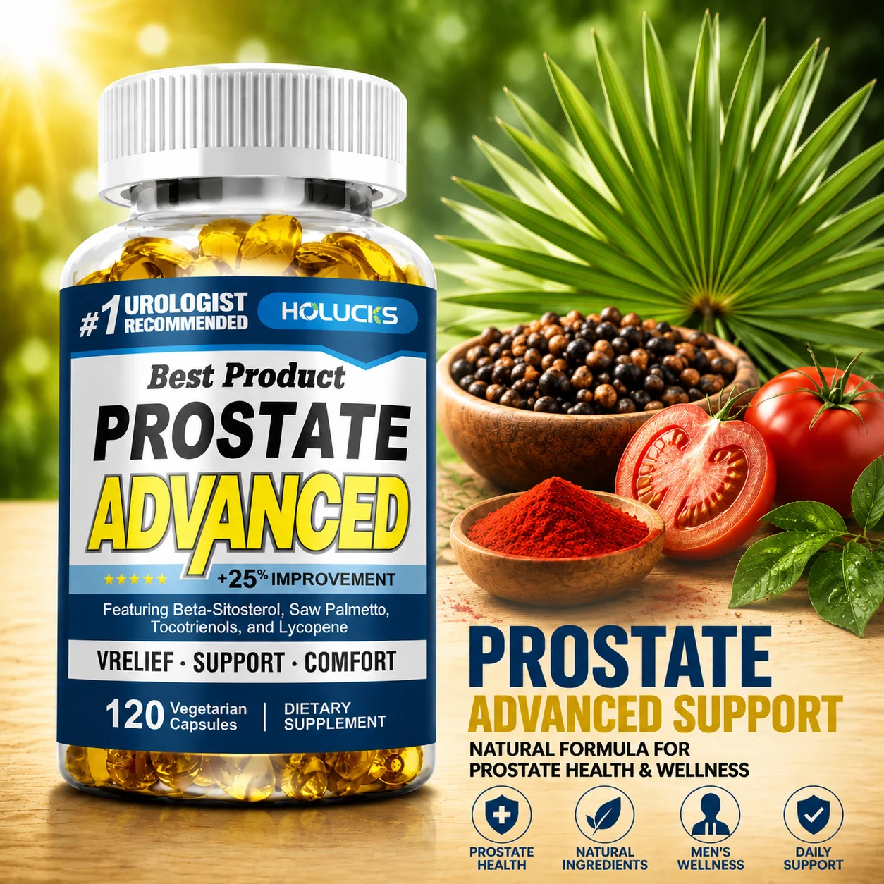 Suplemento Avanzado para la Próstata HOLUCKS para Hombres, Reduce la Micción Frecuente, Mejora el Flujo de Orina y Apoya la Función Saludable de la Próstata