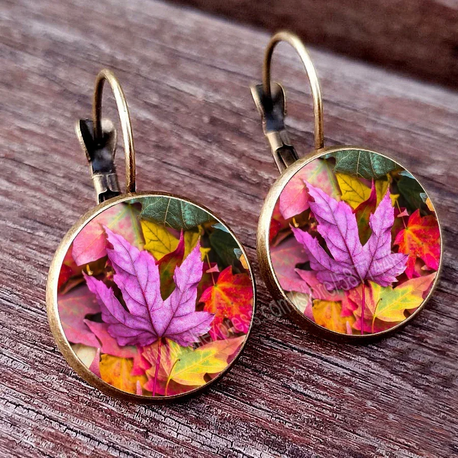 Autumn and Summer Yellow and Green Maple Leaf Earrings Glass Dome Circular Colored  Earrings Oil Painting Pendant Female Earring