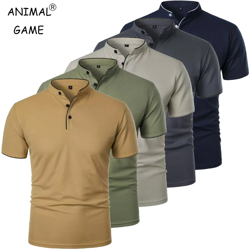 New Men's Short Sleeve Collar Polo Shirts Summer Solid Color Casual Polo Shirt Trendy Breathable Loose Basic Splice Oversize Top
