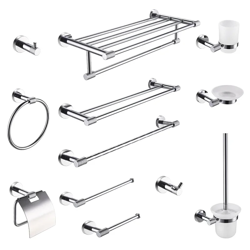 

Chrome Knurled 304 Stainless Steel Towel Rack Toilet Brush Holder Wall Mounted Paper Holder Towel Bar Hook Bathroom Accessories