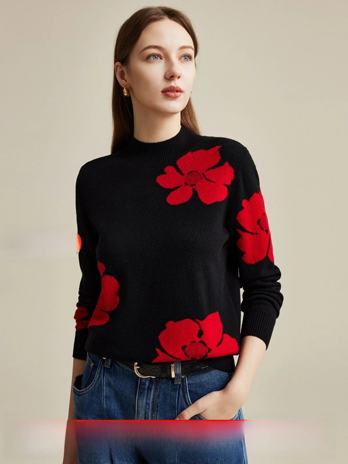 

Женский свитер Ele с цветочной вышивкой, вязаный шерстяной топ с воротником и длинными рукавами, для повседневной носки, осень-зима, новинка