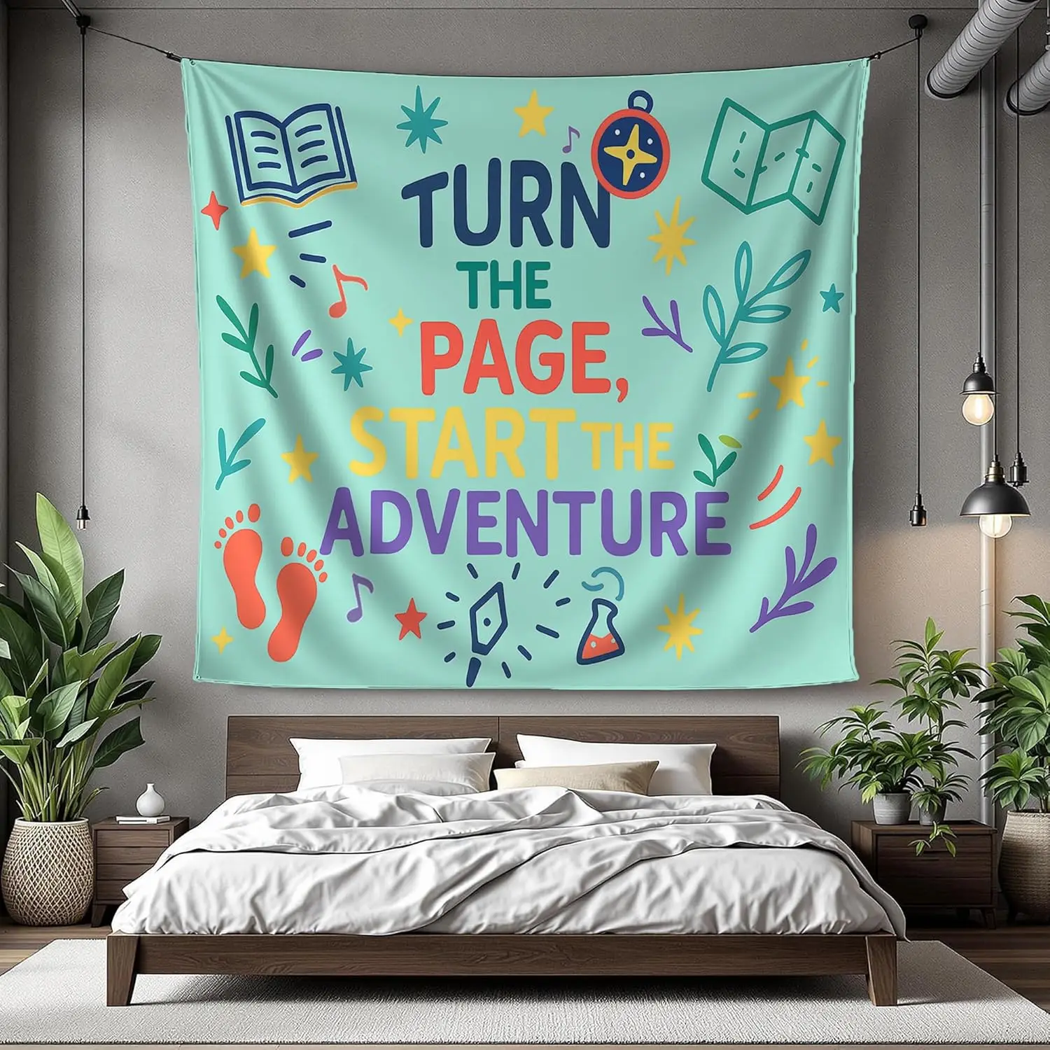 Adventure Quote Tapestry - Turn The Page Start The Adventure Wall Hanging Colorful Doodle Decor Classroom Library Multiple Sizes
