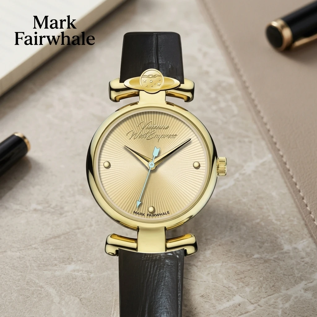 Mark Fairwhale Ladies Quartz Watch Round Sunburst Dial Saturn Decor Case Leather Strap Female Wristwatch