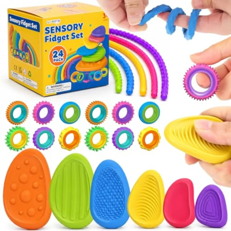 

Sensory Fidget Toys for:24 Pack Silicone Fidget Set with Fidget Rings, Worry Stones and Shapeable Sticks for ADHD Autism - Quie