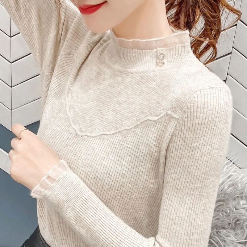 Autumn and Winter Women's Pullover Solid Color Half High Neck Lace Mesh Long Sleeve Slim Fit Sweater Knitwear FashionTopss